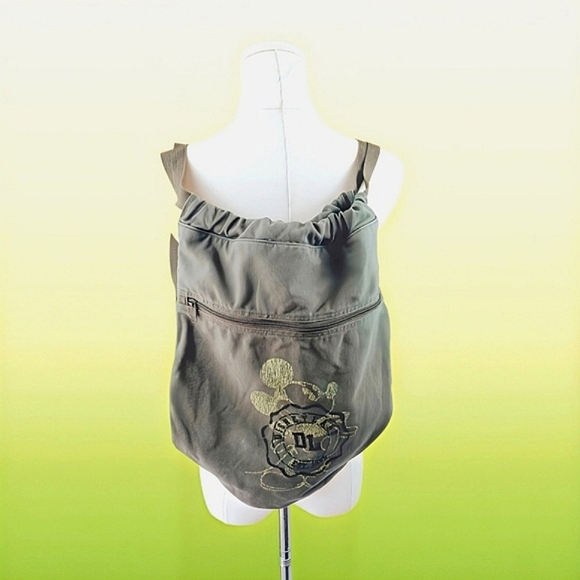 Disney Green Mickey Mouse Drawstring Backpack Cotton With Zip Pocket Medium - Picture 1 of 10